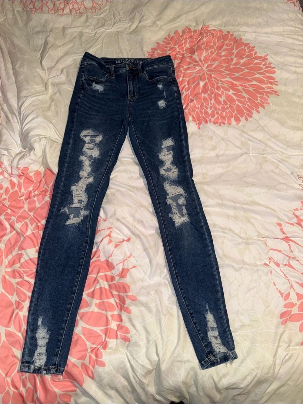 American Eagle Outfitters Distressed Skinny Jeans - Dark Blue